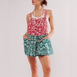 Free People Palm Bay Printed Shortalls Romper in the Red Green Combo